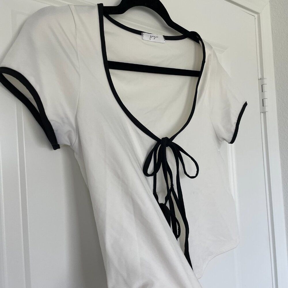 Gaze Crop Top Women L Black White Striped Double Tie Front Blouse Long Sleeve - Picture 4 of 8